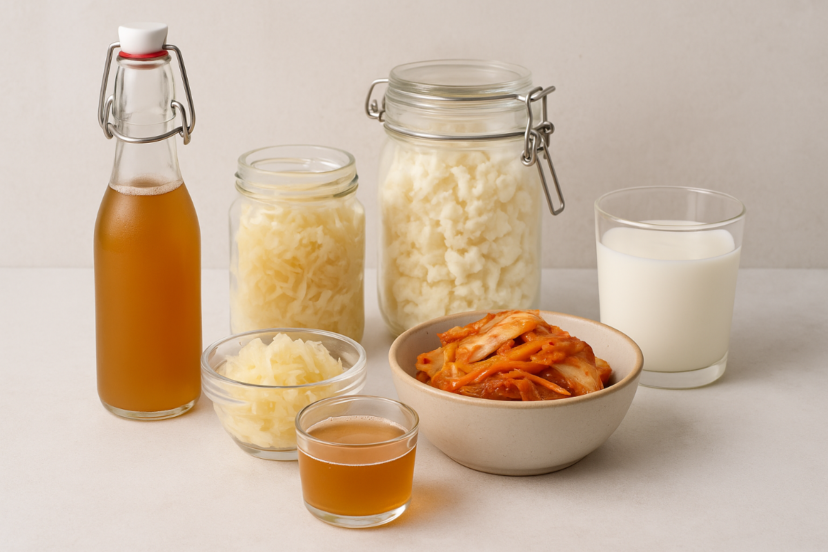 Flat lay of popular fermented foods including kombucha, sauerkraut, kefir, and kimchi on a neutral background