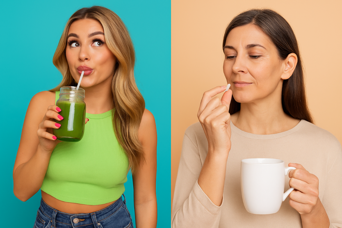Split-screen of young woman drinking green juice and older woman calmly taking a supplement with tea