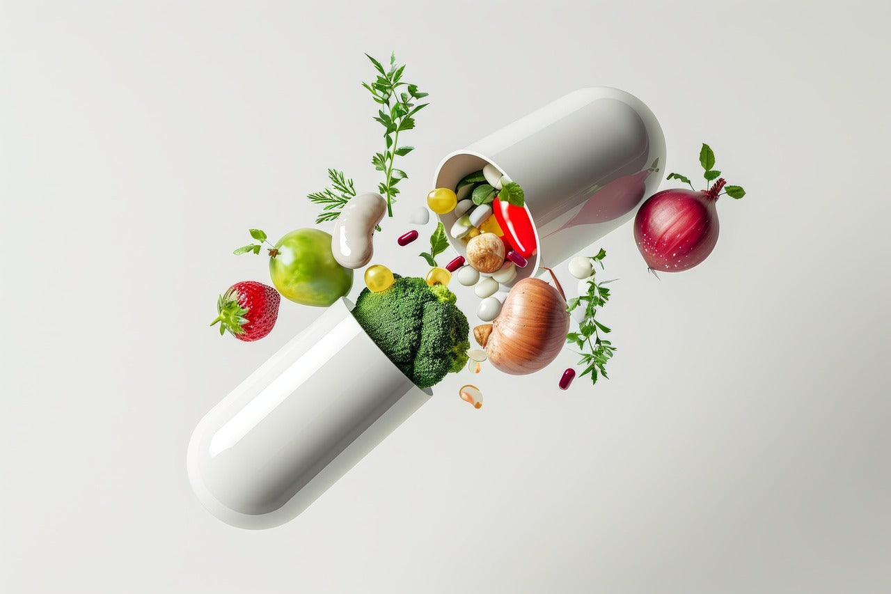 A large white capsule breaking open, releasing fresh fruits, vegetables, herbs, and various supplement pills, symbolizing the connection between natural ingredients and gut health supplements.