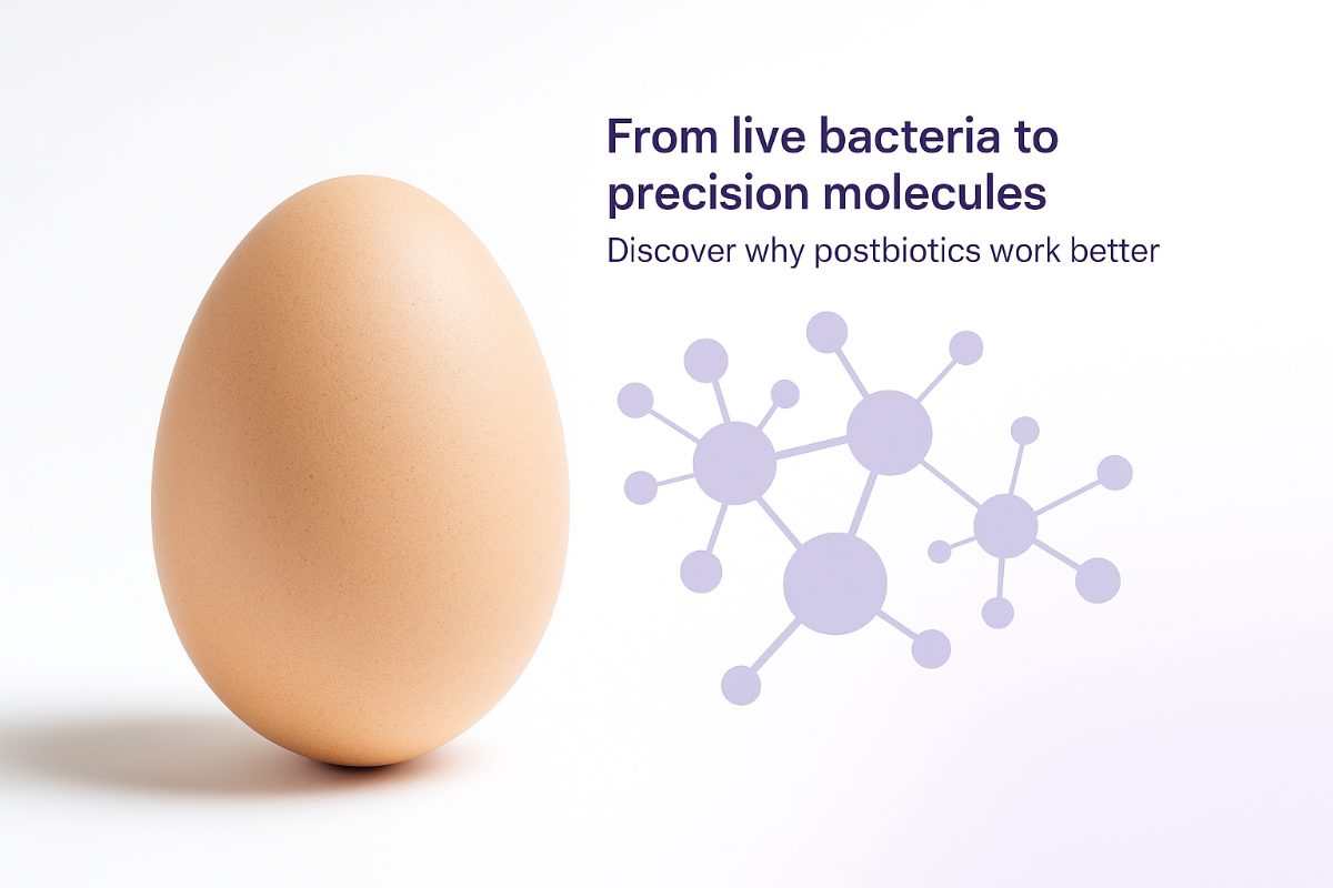Brown egg next to stylised purple molecule icons with headline 'From live bacteria to precision molecules' – hero image for blog about postbiotics