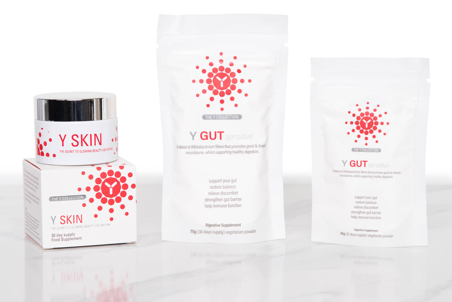 Gut and skin supplements. Featuring active ingredients from powerful Bifidobacteria probiotics:  To train the immune system for optimum immune fitness, to create a healthy gut environment and optimise healthy biological ageing.